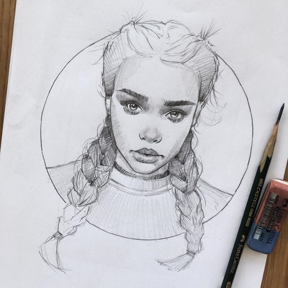 pencil drawing braid girl by florian erb
