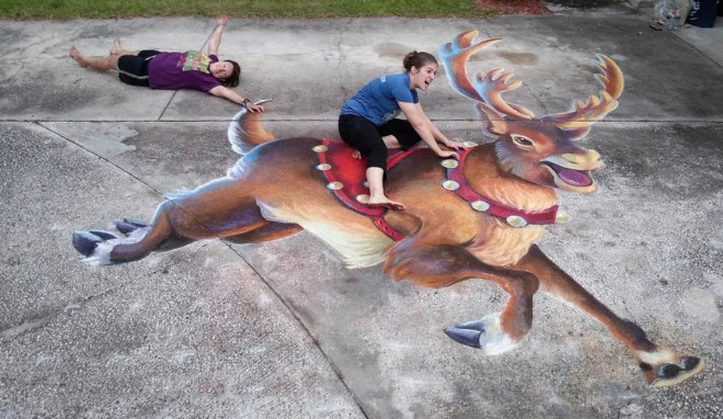 3d reindeer chalk art by charfade