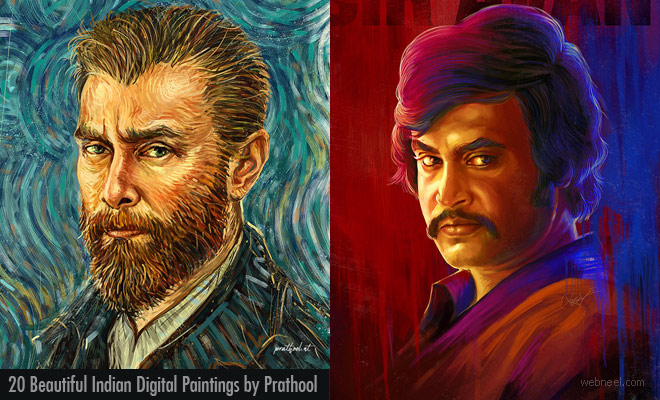 20 Beautiful Indian Digital Paintings of Popular Tamil Actors by Prathool