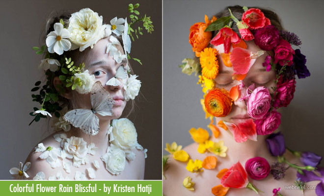 10 Colorful, Blissful Flower-Rain Portrait Photographs by Kristen Hatji