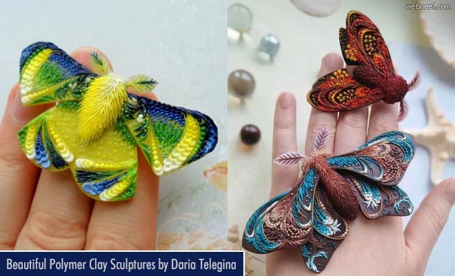 Polymer clay sculptures of butterflies and moths by Daria Telegina