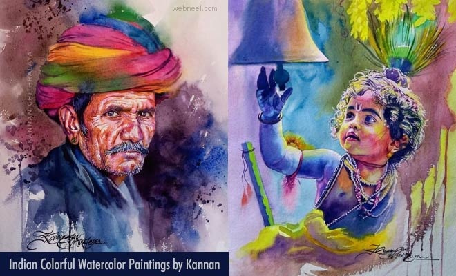 20 Colorful Indian Watercolor Paintings by Kerala Artist Kannan Chithralaya
