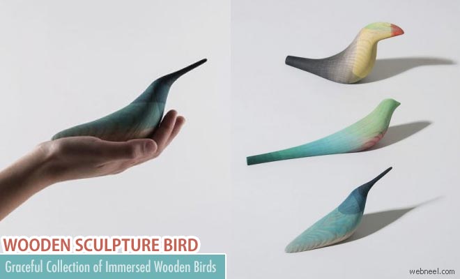 Graceful Collection of Immersed Wooden Bird Sculptures by Moises Hernandez