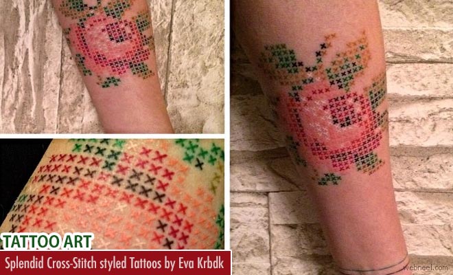 Splendid Cross-Stitch styled Tattoo Art works by Eva Krbdk