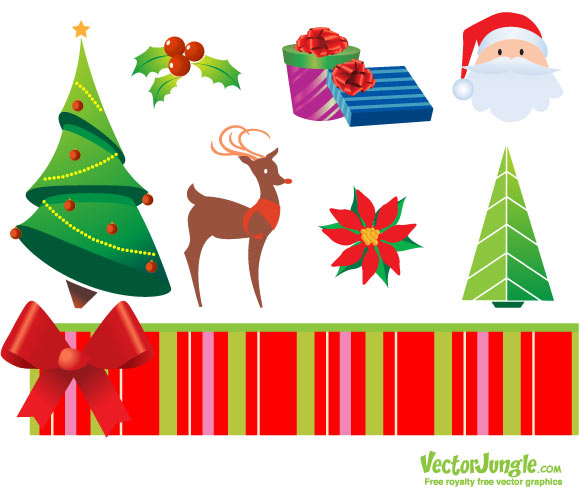Royalty Free Christmas Vector Pack - Tree, Santa, deer, ribbon, gift - EPS