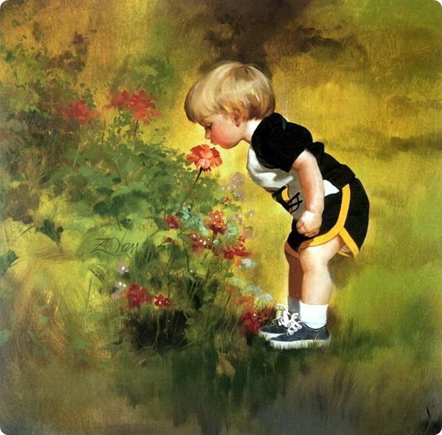 painting boy smells flowers